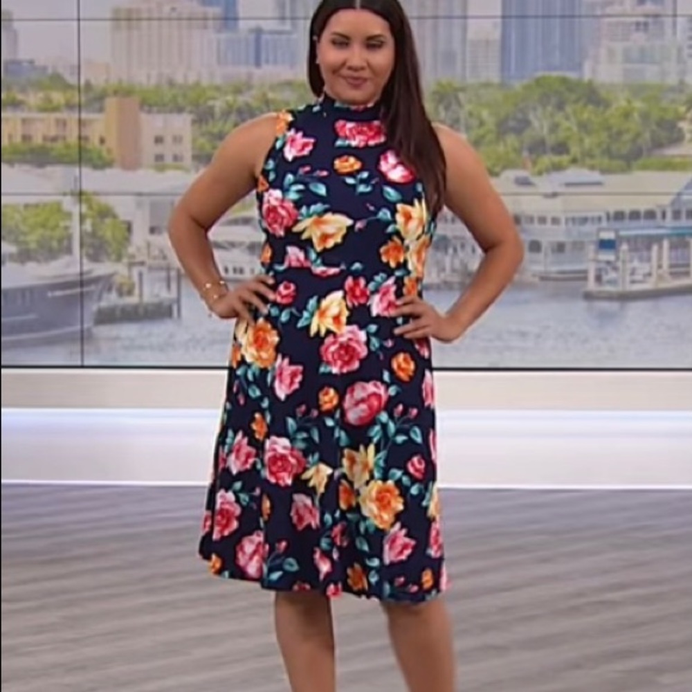 Slinky Brand Mock-Neck Fit & Flare Dress - Navy with Floral Print - Med. (8/10)